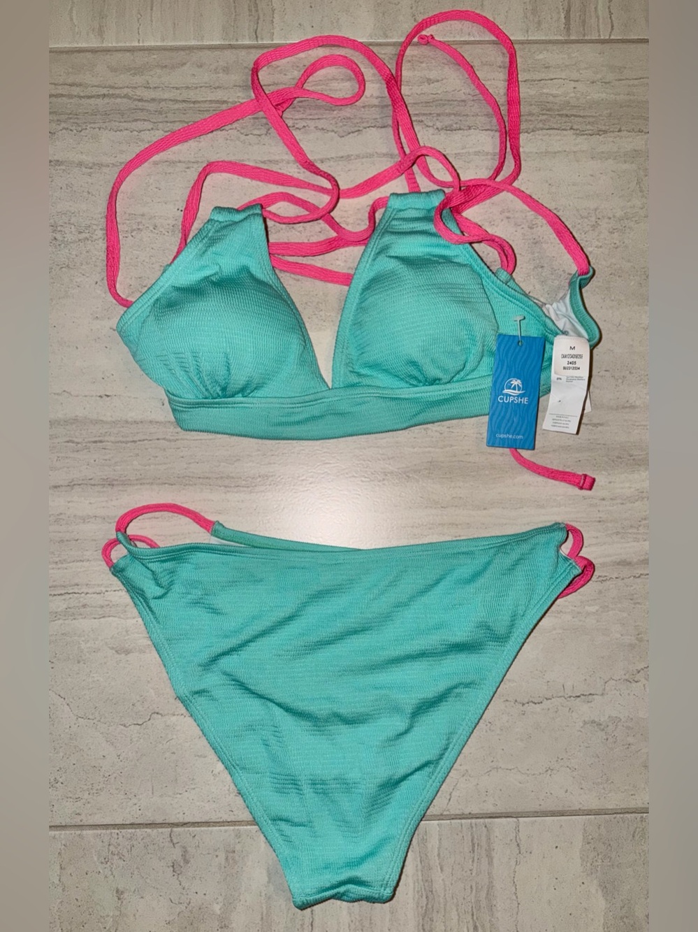 Cupshe Aqua Bikini Set with Hot Pink Straps